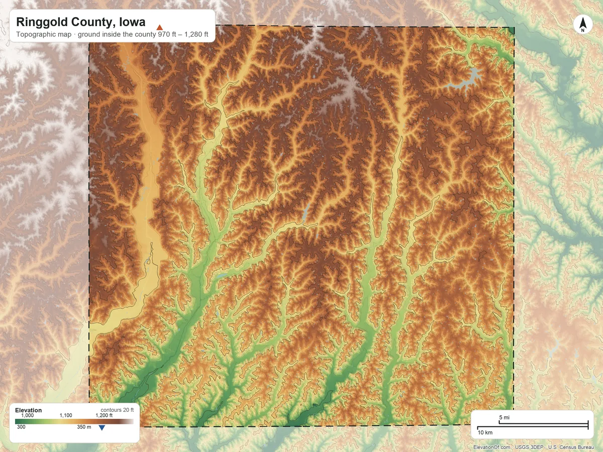 Topographic elevation map of Ringgold County, Iowa, shaded from 970 ft on the southwest side to 1,280 ft on the northwest side