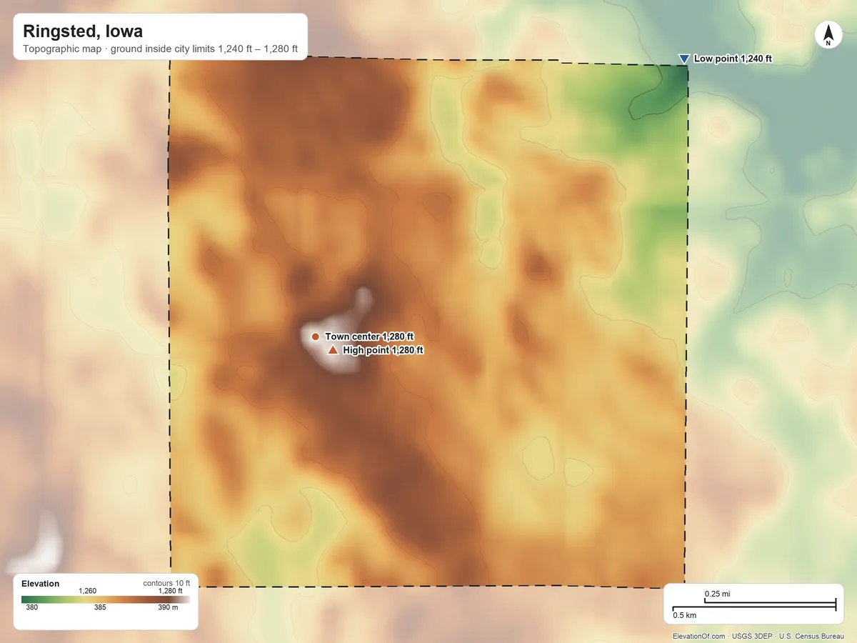 Topographic elevation map of Ringsted, Iowa, shaded from 1,240 ft on the northeast side to 1,280 ft near the middle