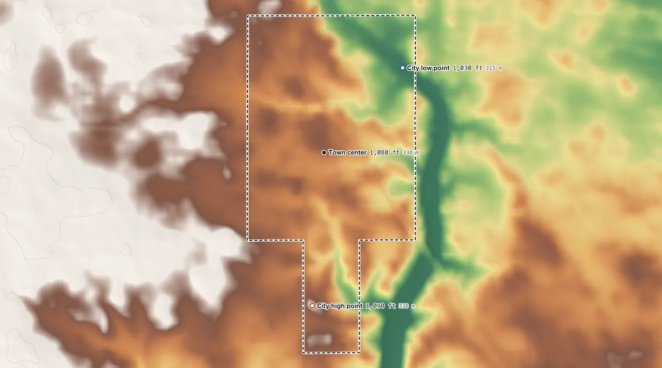 Topographic elevation map of Rippey, Iowa, shaded from 1,030 ft on the northeast side to 1,090 ft on the south side