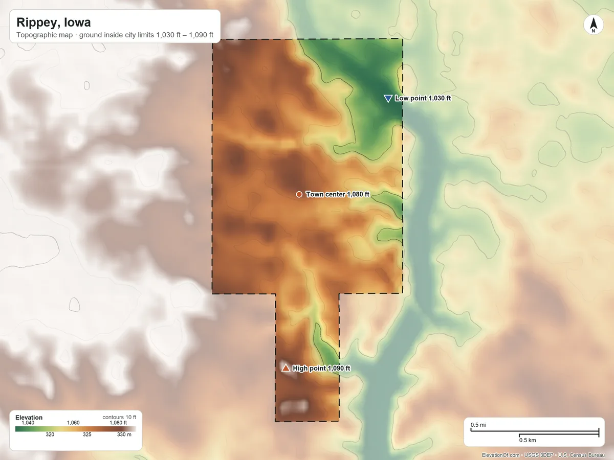 Topographic elevation map of Rippey, Iowa, shaded from 1,030 ft on the northeast side to 1,090 ft on the south side