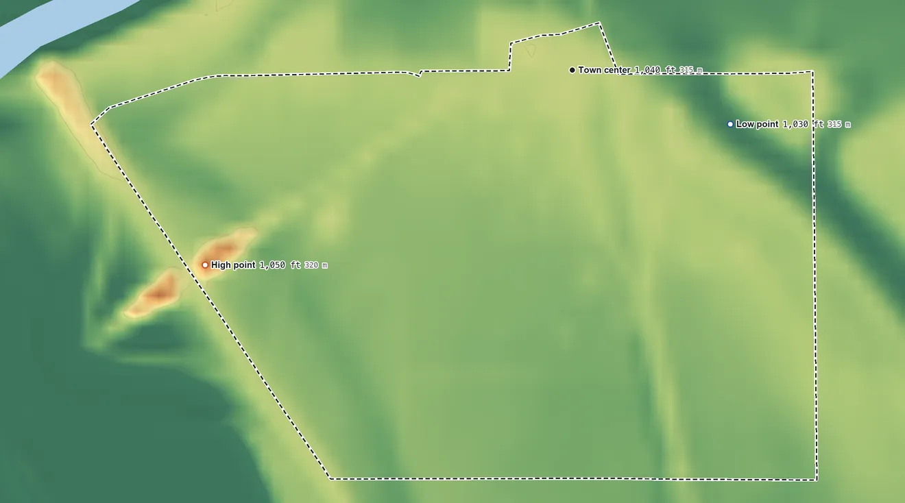 Topographic elevation map of River Sioux, Iowa, shaded from 1,030 ft on the east side to 1,050 ft on the southwest side
