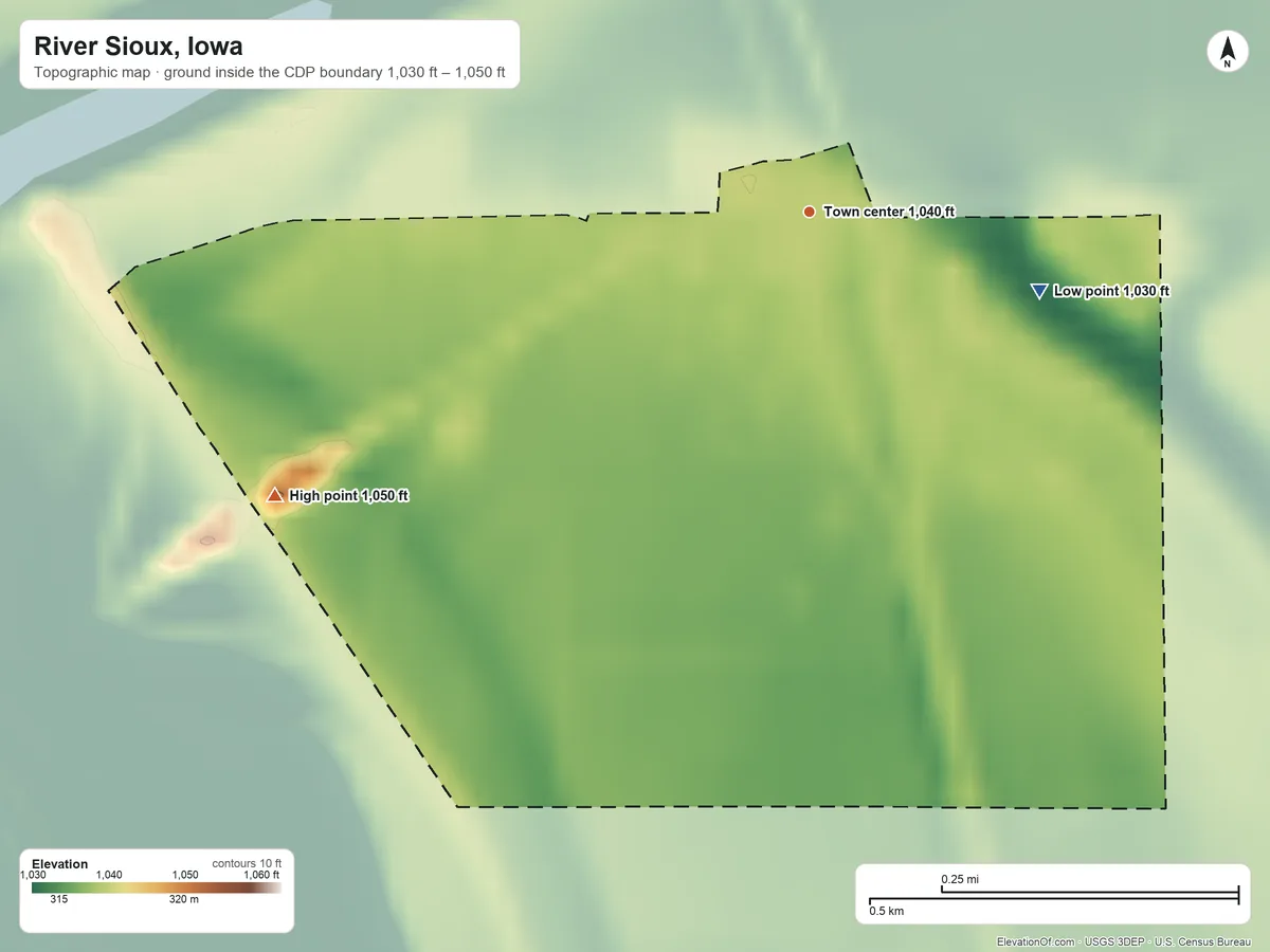 Topographic elevation map of River Sioux, Iowa, shaded from 1,030 ft on the east side to 1,050 ft on the southwest side