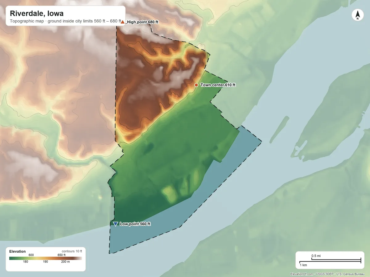 Topographic elevation map of Riverdale, Iowa, shaded from 560 ft on the southwest side to 680 ft on the northwest side