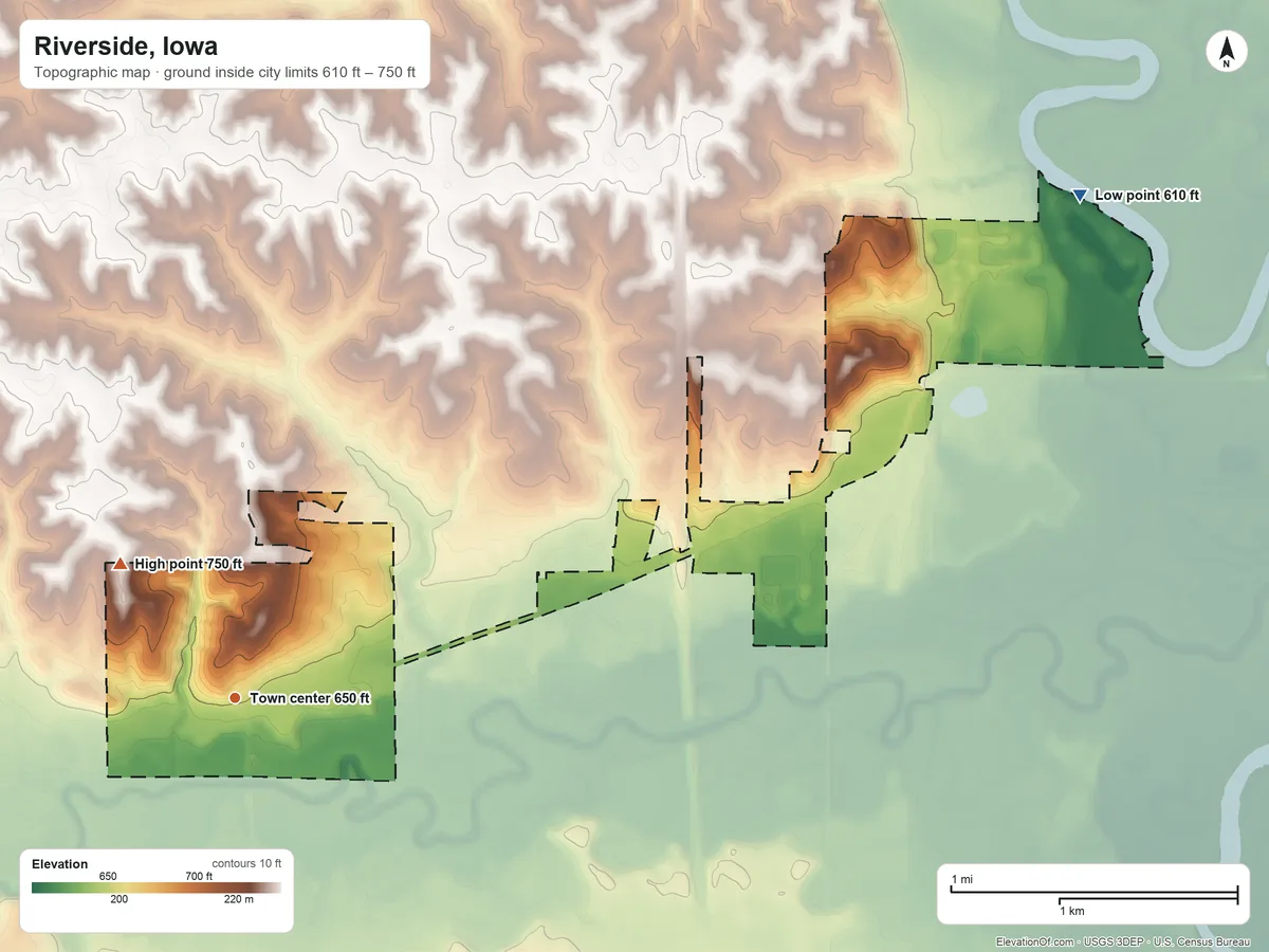 Topographic elevation map of Riverside, Iowa, shaded from 610 ft on the northeast side to 750 ft on the northwest side