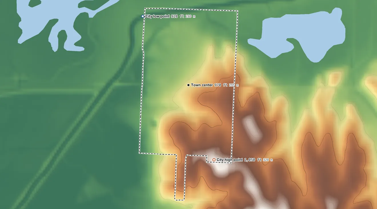 Topographic elevation map of Riverton, Iowa, shaded from 920 ft on the northwest side to 1,050 ft on the south side