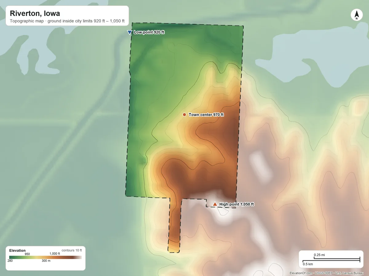 Topographic elevation map of Riverton, Iowa, shaded from 920 ft on the northwest side to 1,050 ft on the south side