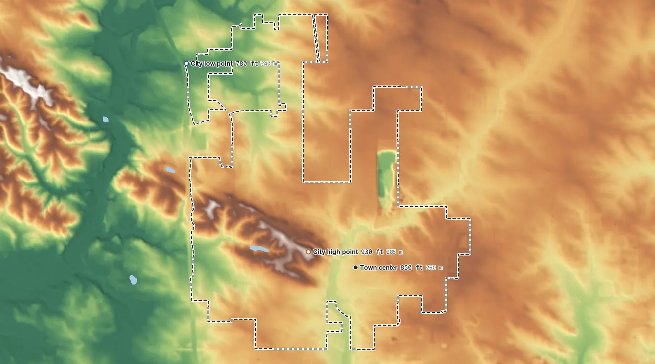 Topographic elevation map of Robins, Iowa, shaded from 780 ft on the northwest side to 930 ft on the west side