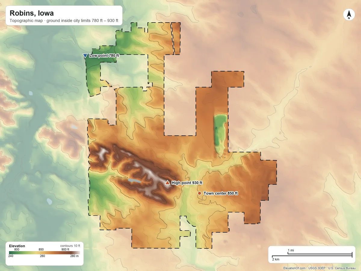 Topographic elevation map of Robins, Iowa, shaded from 780 ft on the northwest side to 930 ft on the west side