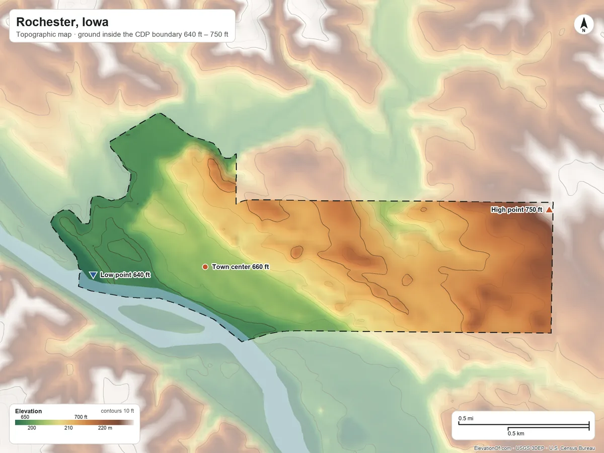 Topographic elevation map of Rochester, Iowa, shaded from 640 ft on the west side to 750 ft on the east side