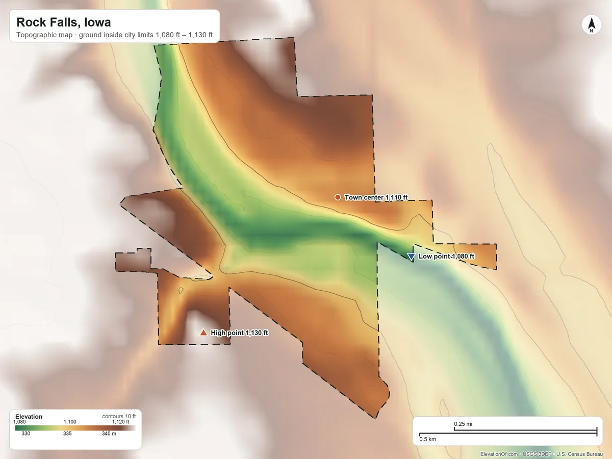 Topographic elevation map of Rock Falls, Iowa, shaded from 1,080 ft on the southeast side to 1,130 ft on the southwest side