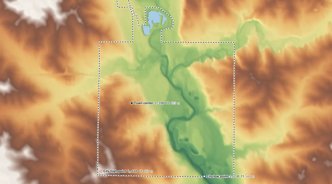 Topographic elevation map of Rock Rapids, Iowa, shaded from 1,310 ft on the southeast side to 1,440 ft on the southwest side