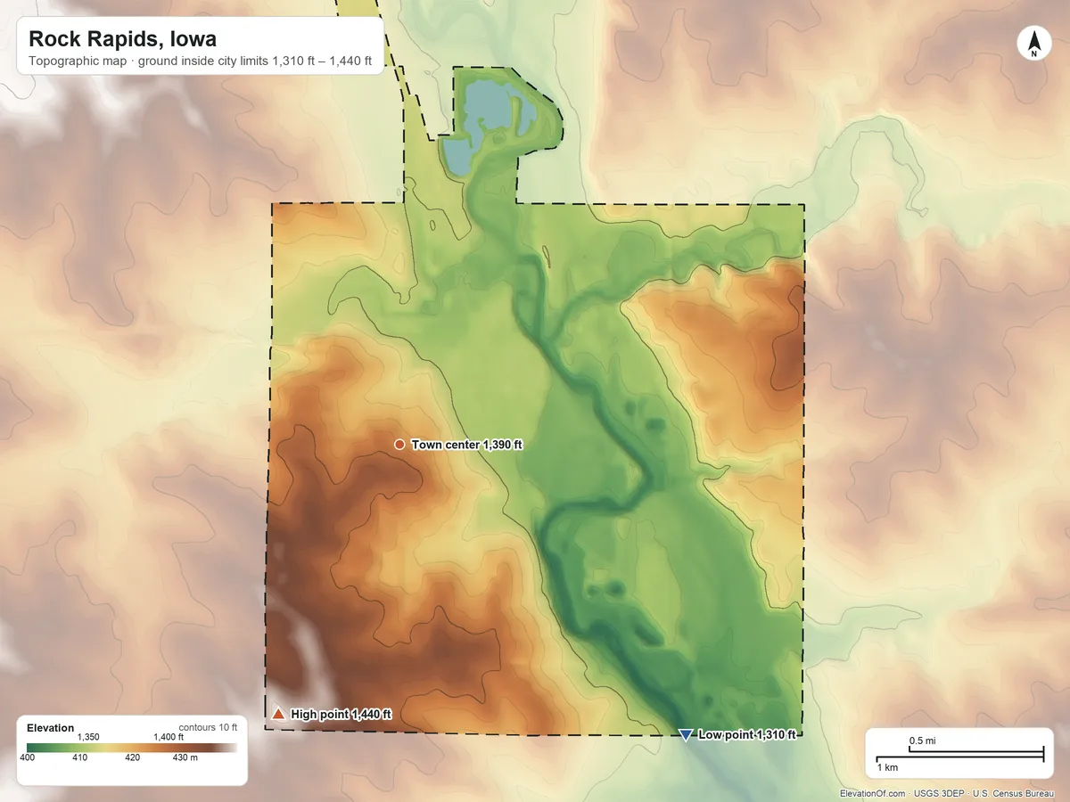 Topographic elevation map of Rock Rapids, Iowa, shaded from 1,310 ft on the southeast side to 1,440 ft on the southwest side