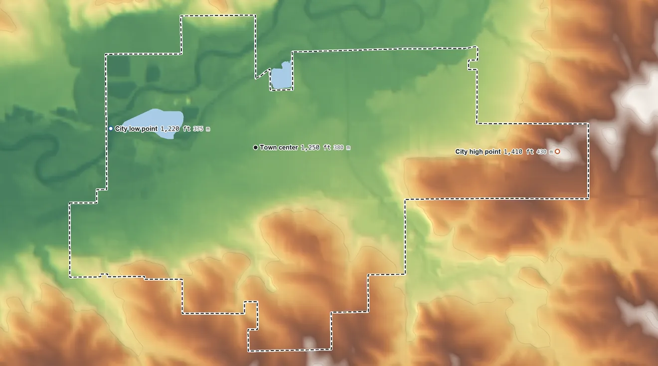 Topographic elevation map of Rock Valley, Iowa, shaded from 1,220 ft on the west side to 1,410 ft on the east side