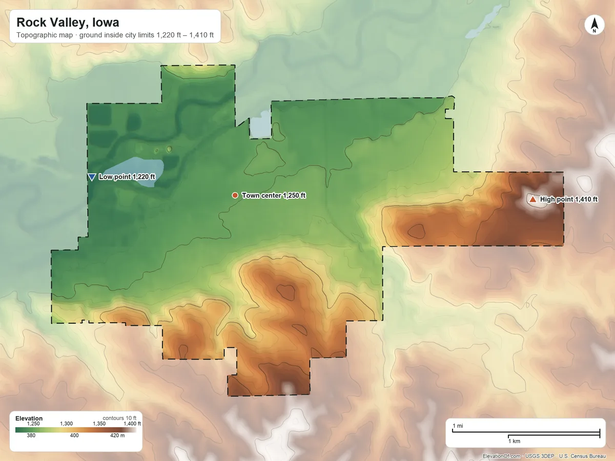 Topographic elevation map of Rock Valley, Iowa, shaded from 1,220 ft on the west side to 1,410 ft on the east side