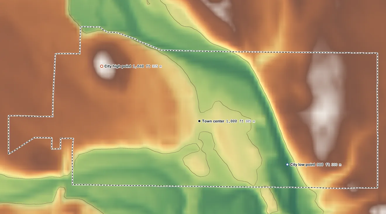 Topographic elevation map of Rockford, Iowa, shaded from 980 ft on the southeast side to 1,040 ft on the northwest side