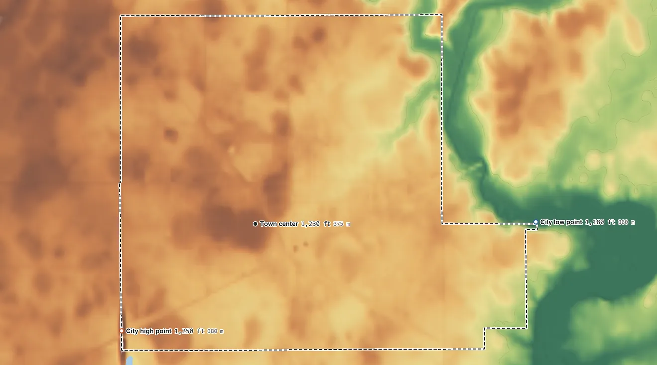 Topographic elevation map of Rockwell City, Iowa, shaded from 1,180 ft on the east side to 1,250 ft on the southwest side