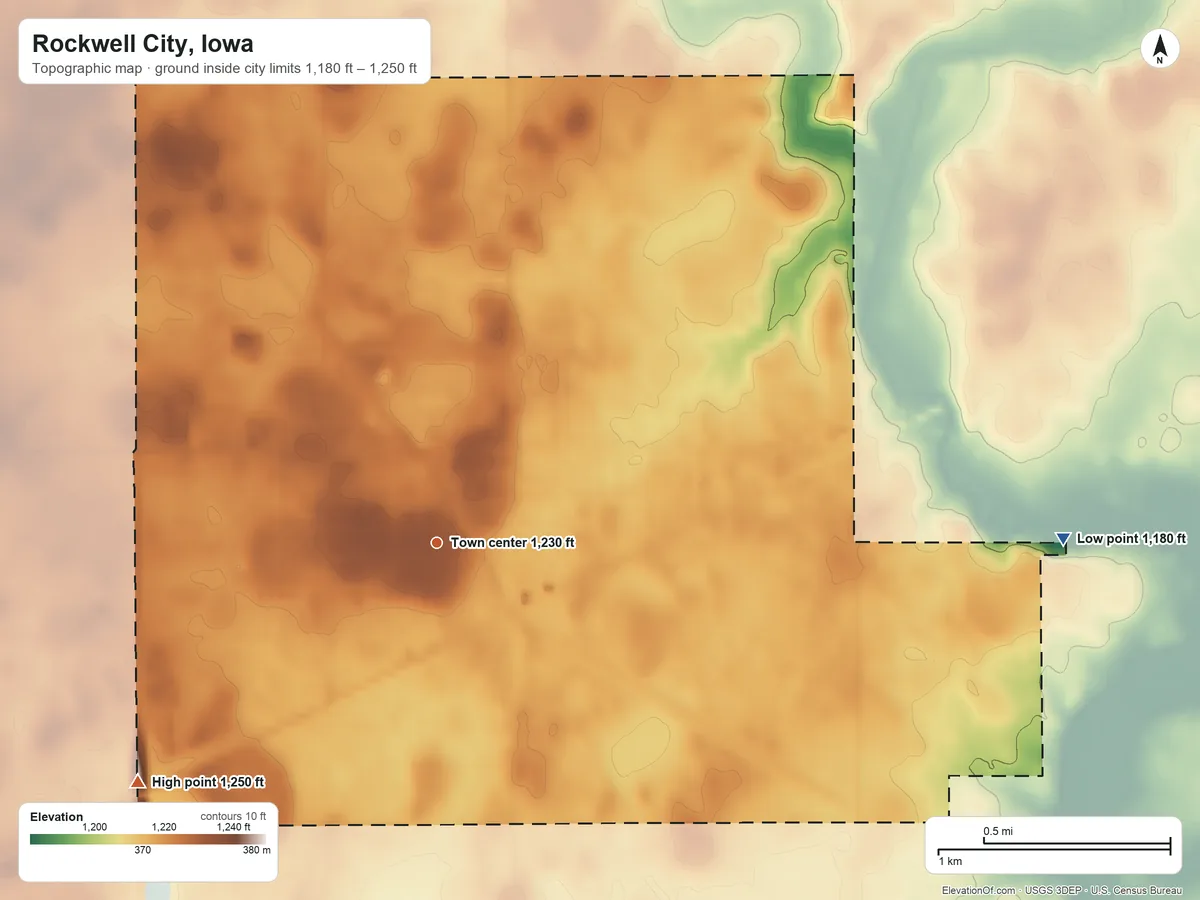 Topographic elevation map of Rockwell City, Iowa, shaded from 1,180 ft on the east side to 1,250 ft on the southwest side