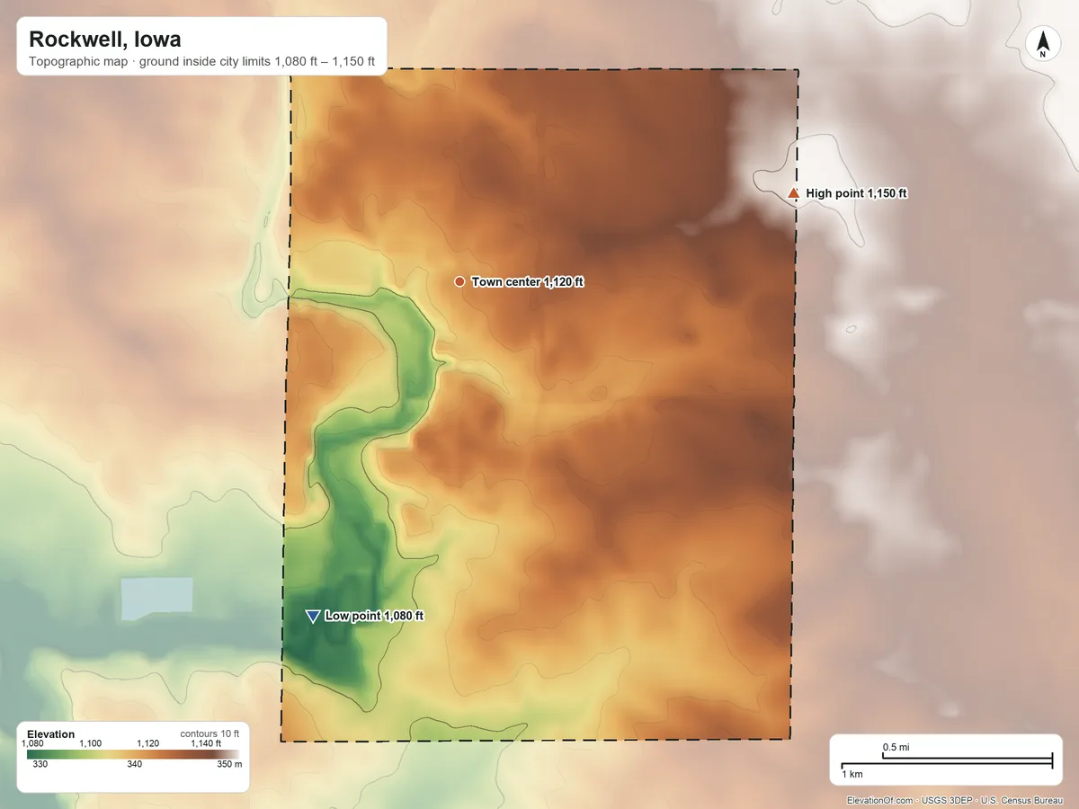 Topographic elevation map of Rockwell, Iowa, shaded from 1,080 ft on the southwest side to 1,150 ft on the east side