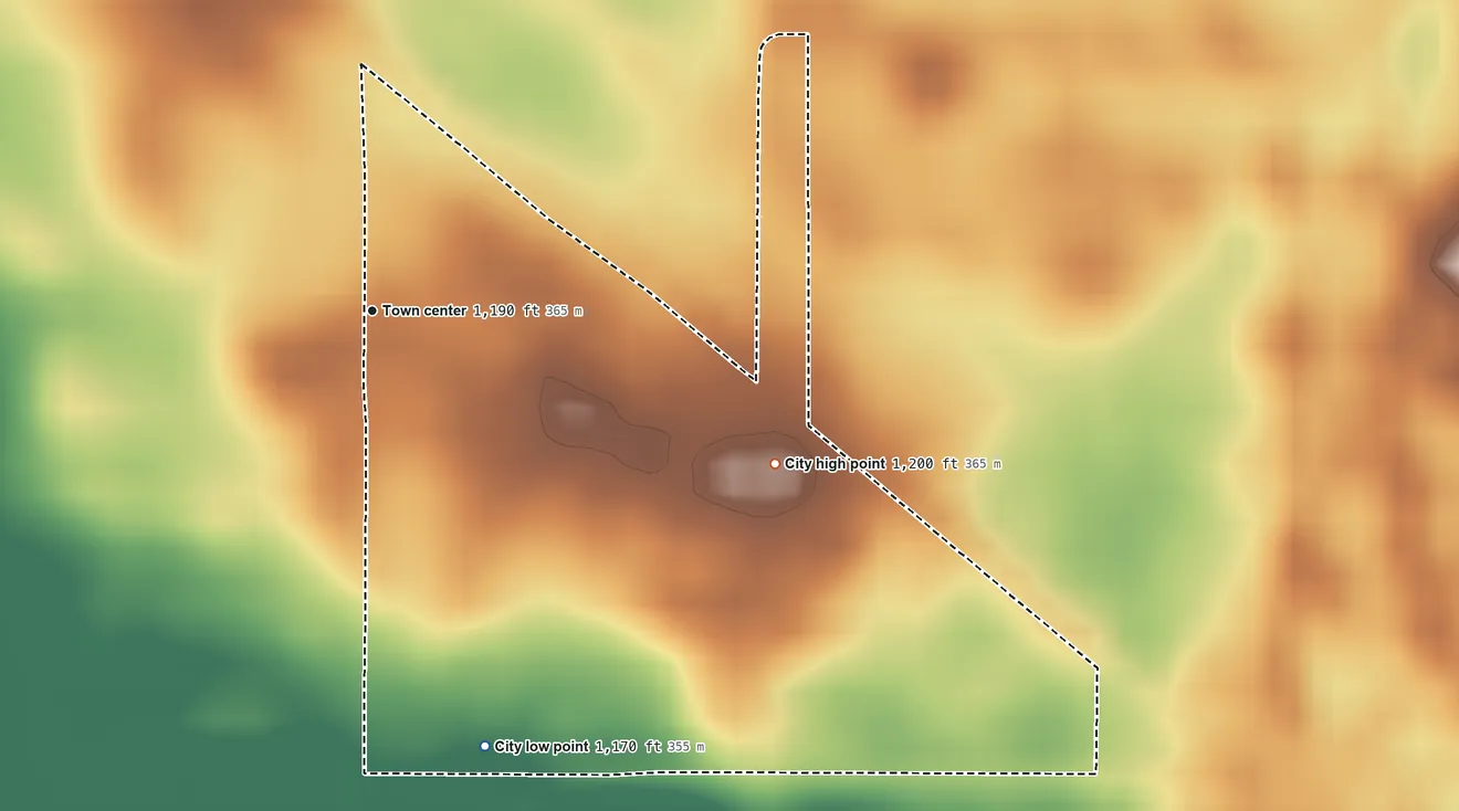 Topographic elevation map of Rodman, Iowa, shaded from 1,170 ft on the south side to 1,200 ft on the east side