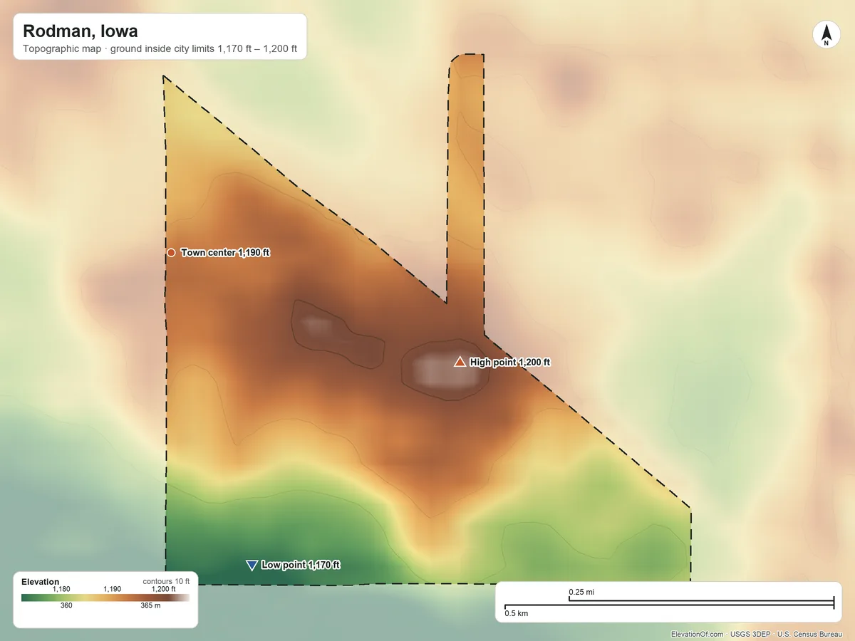 Topographic elevation map of Rodman, Iowa, shaded from 1,170 ft on the south side to 1,200 ft on the east side
