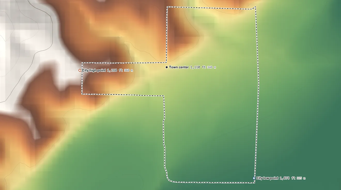 Topographic elevation map of Rodney, Iowa, shaded from 1,070 ft on the southeast side to 1,180 ft on the west side