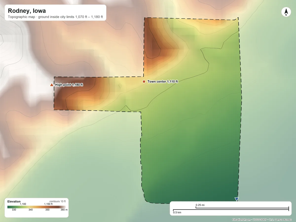 Topographic elevation map of Rodney, Iowa, shaded from 1,070 ft on the southeast side to 1,180 ft on the west side