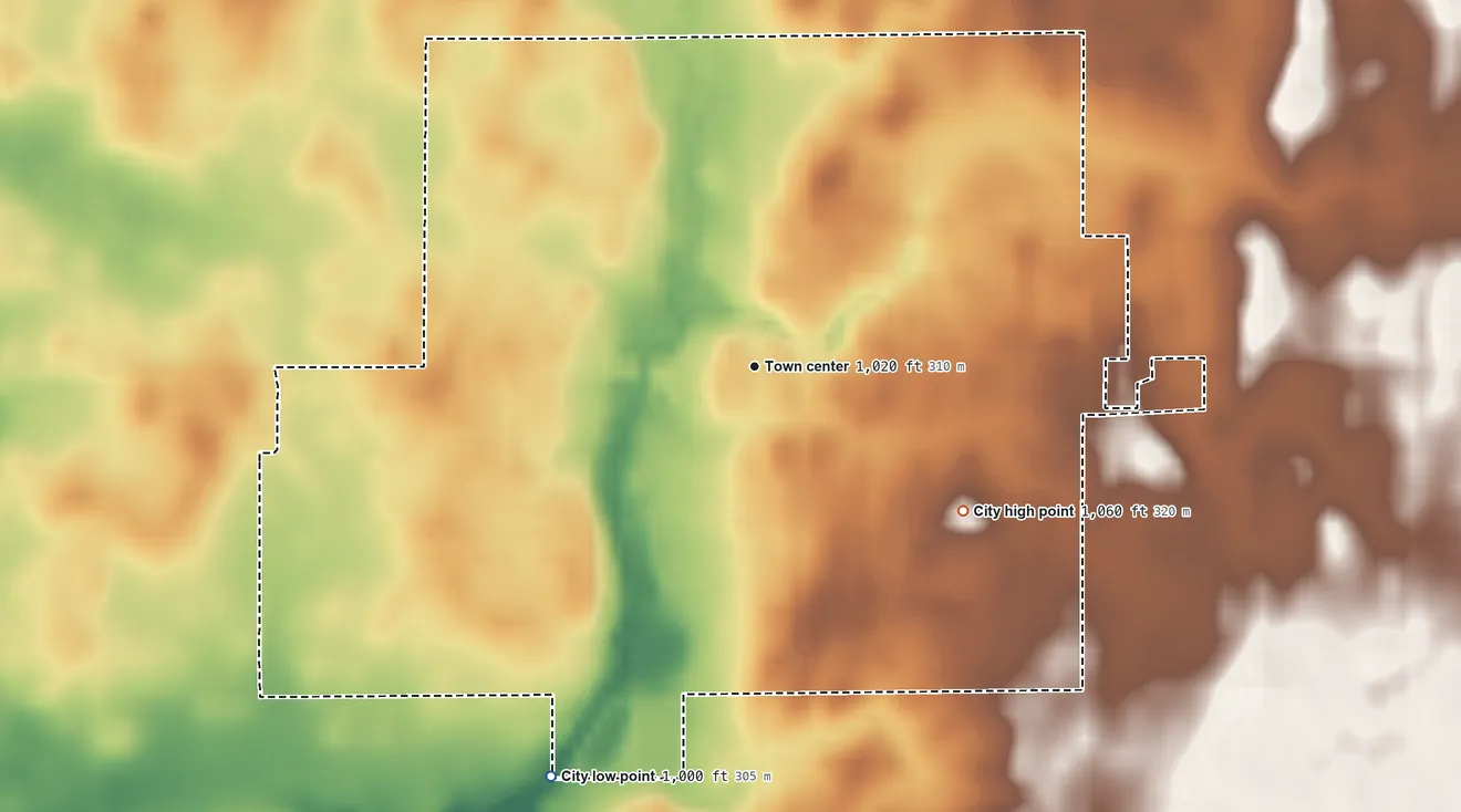 Topographic elevation map of Roland, Iowa, shaded from 1,000 ft on the southwest side to 1,060 ft on the southeast side