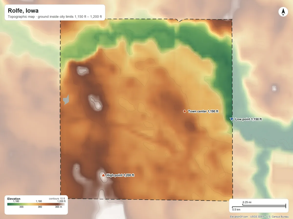 Topographic elevation map of Rolfe, Iowa, shaded from 1,150 ft on the east side to 1,200 ft on the southwest side