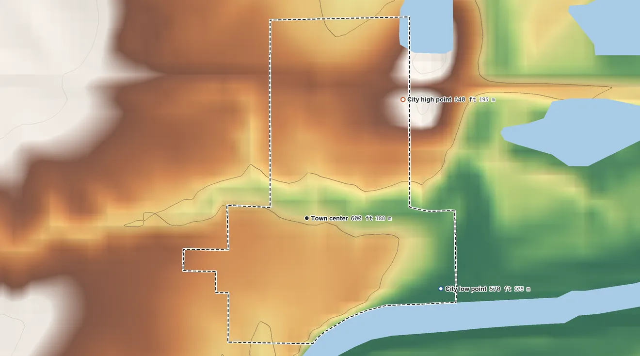 Topographic elevation map of Rome, Iowa, shaded from 570 ft on the southeast side to 640 ft on the northeast side