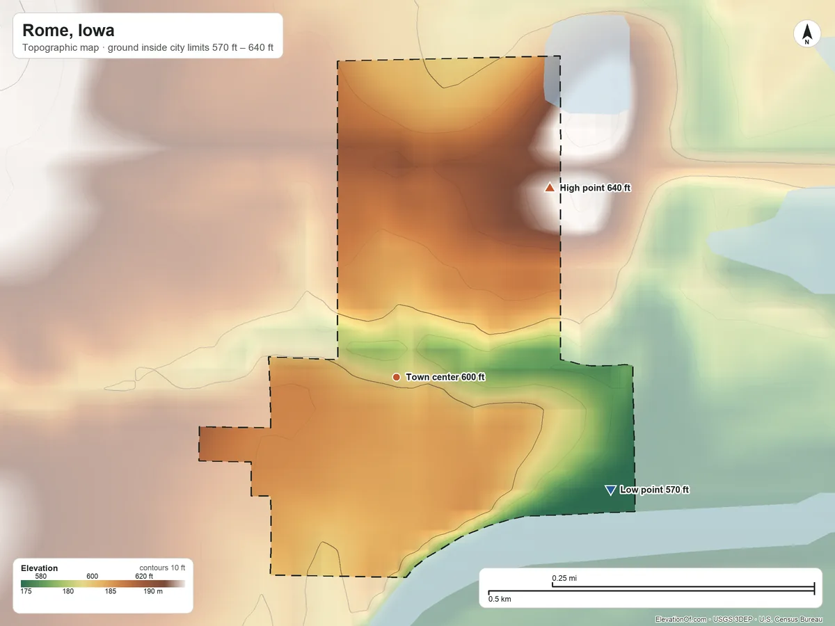 Topographic elevation map of Rome, Iowa, shaded from 570 ft on the southeast side to 640 ft on the northeast side