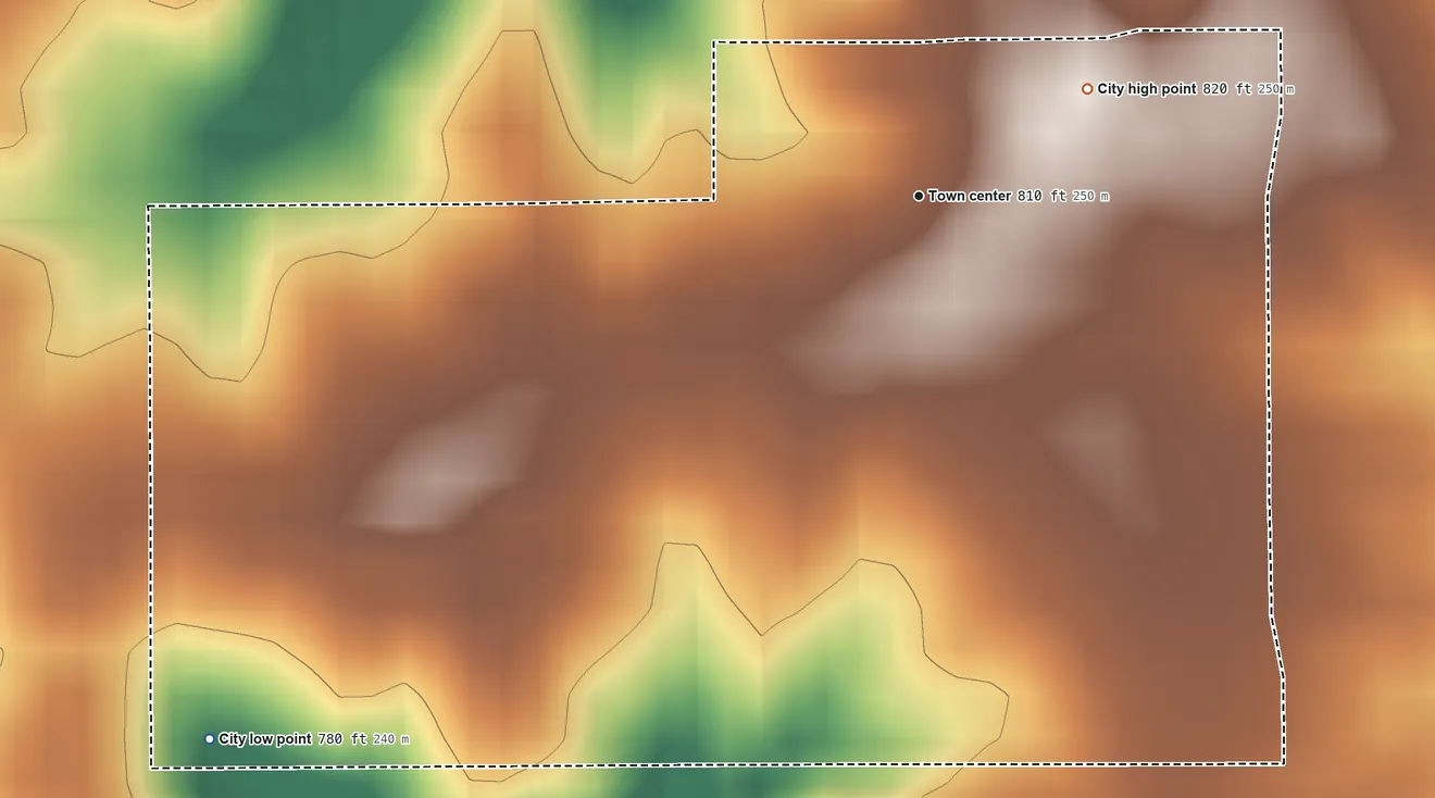 Topographic elevation map of Rose Hill, Iowa, shaded from 780 ft on the southwest side to 820 ft on the northeast side