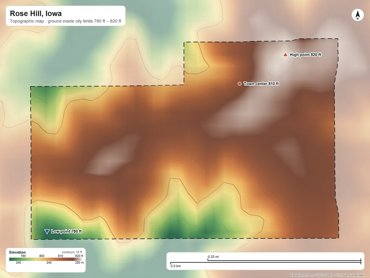 Topographic elevation map of Rose Hill, Iowa, shaded from 780 ft on the southwest side to 820 ft on the northeast side