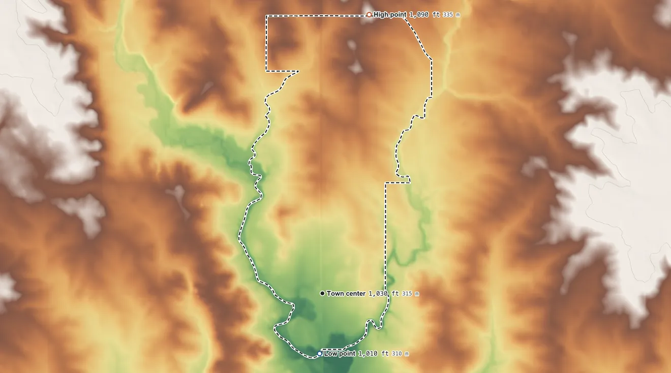 Topographic elevation map of Roseville, Iowa, shaded from 1,010 ft on the south side to 1,090 ft on the north side