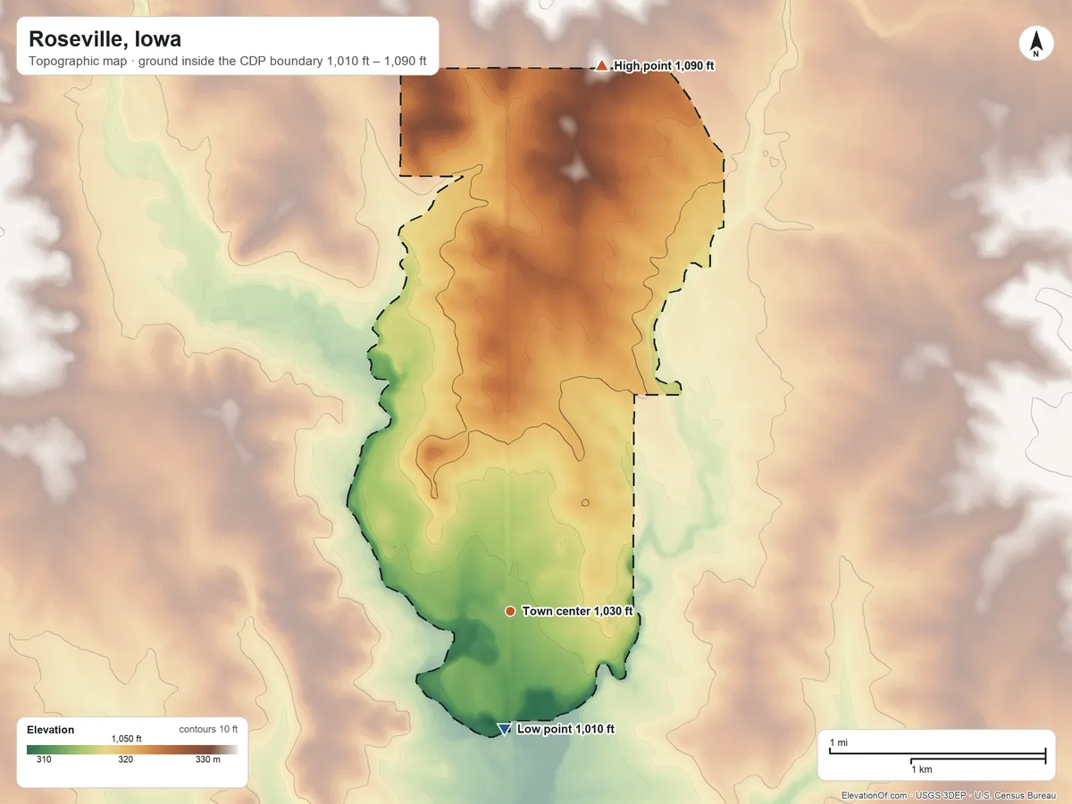 Topographic elevation map of Roseville, Iowa, shaded from 1,010 ft on the south side to 1,090 ft on the north side