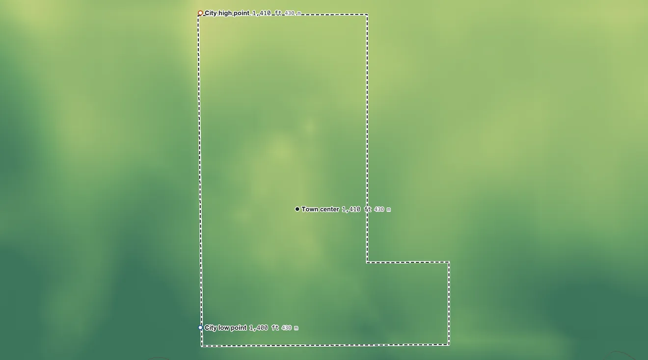 Topographic elevation map of Rossie, Iowa, shaded from 1,400 ft on the southwest side to 1,410 ft on the northwest side