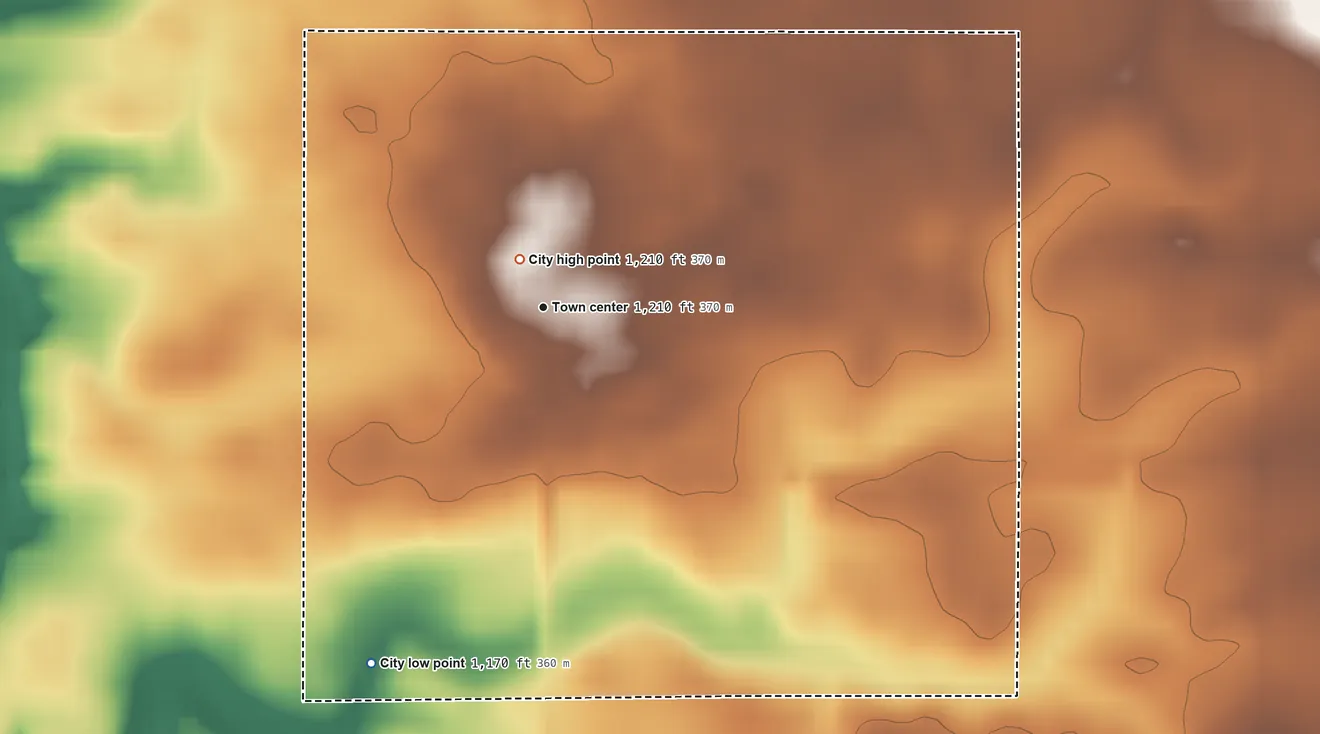 Topographic elevation map of Rowan, Iowa, shaded from 1,170 ft on the southwest side to 1,210 ft near the middle