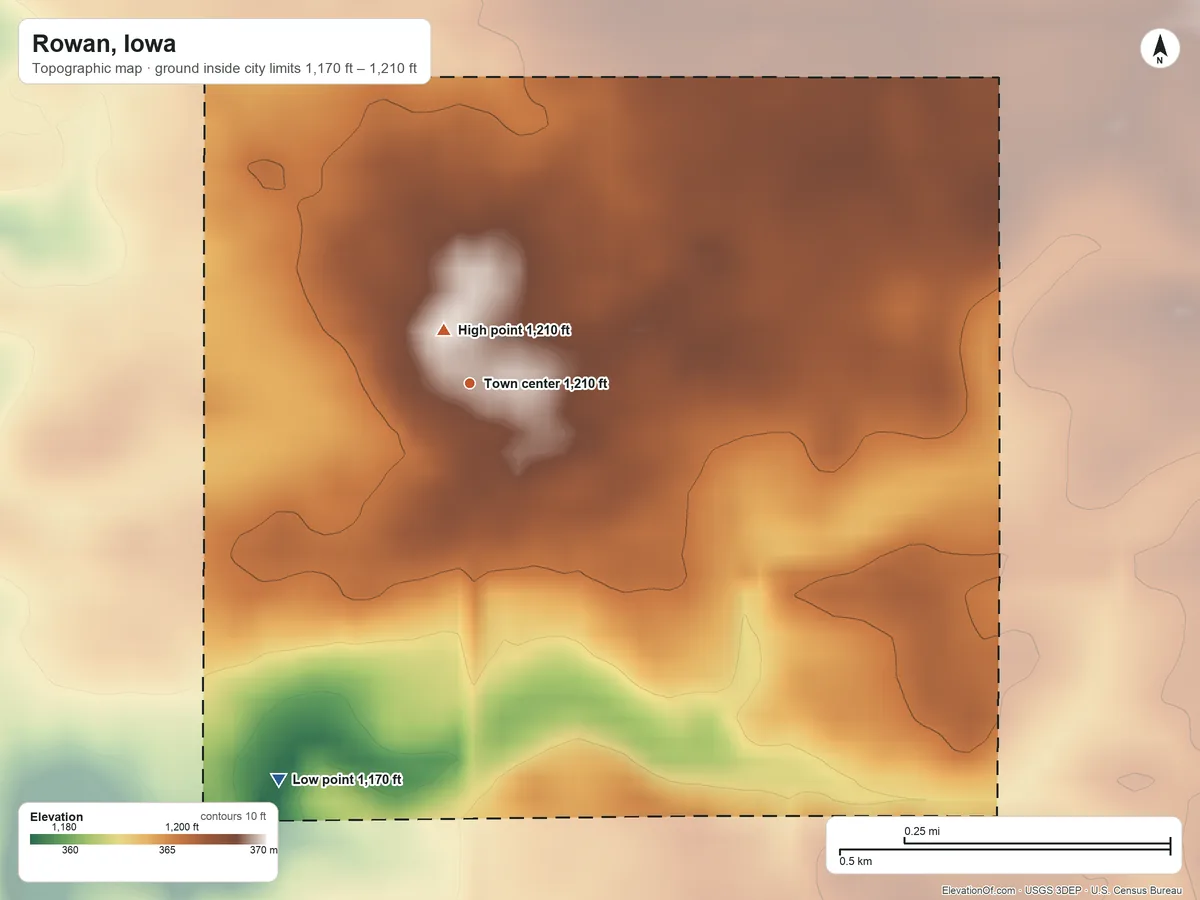 Topographic elevation map of Rowan, Iowa, shaded from 1,170 ft on the southwest side to 1,210 ft near the middle