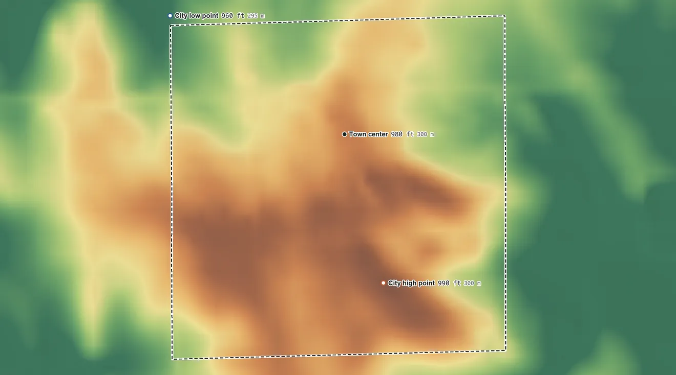 Topographic elevation map of Rowley, Iowa, shaded from 960 ft on the northwest side to 990 ft on the south side