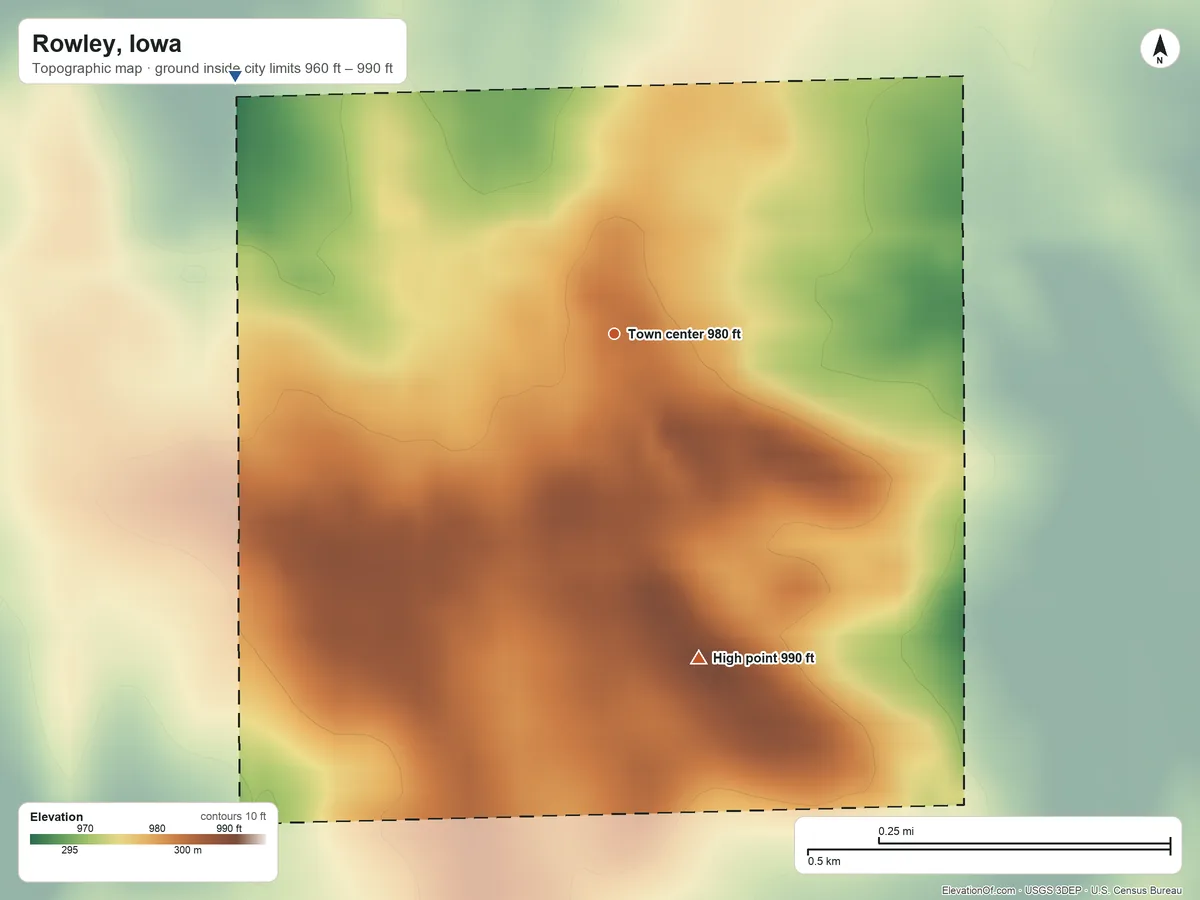 Topographic elevation map of Rowley, Iowa, shaded from 960 ft on the northwest side to 990 ft on the south side