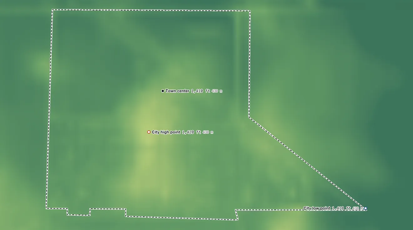 Topographic elevation map of Royal, Iowa, shaded from 1,410 ft on the southeast side to 1,420 ft on the south side
