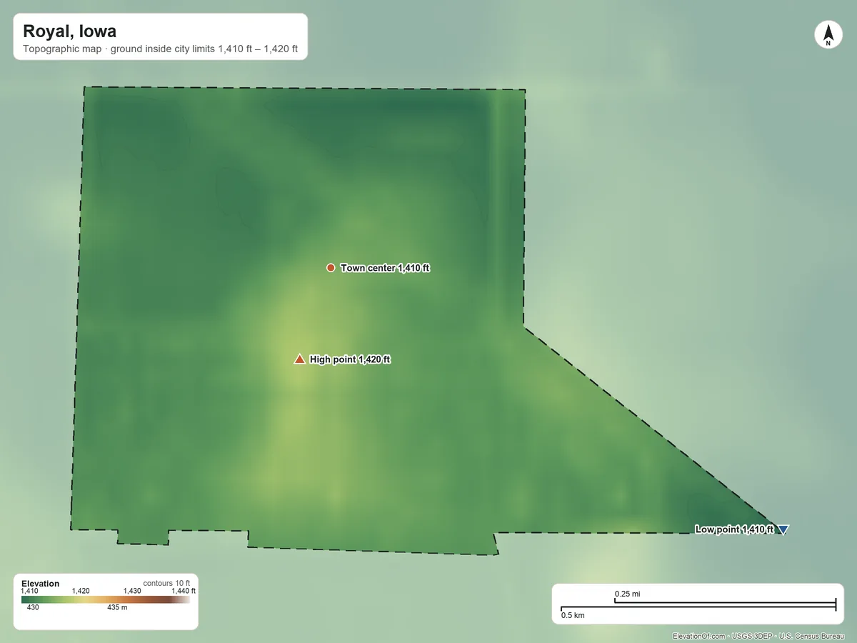 Topographic elevation map of Royal, Iowa, shaded from 1,410 ft on the southeast side to 1,420 ft on the south side
