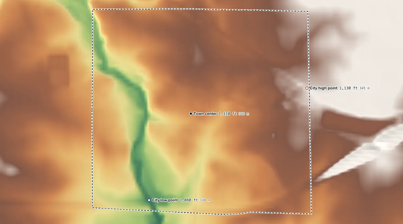 Topographic elevation map of Rudd, Iowa, shaded from 1,080 ft on the southwest side to 1,130 ft on the east side
