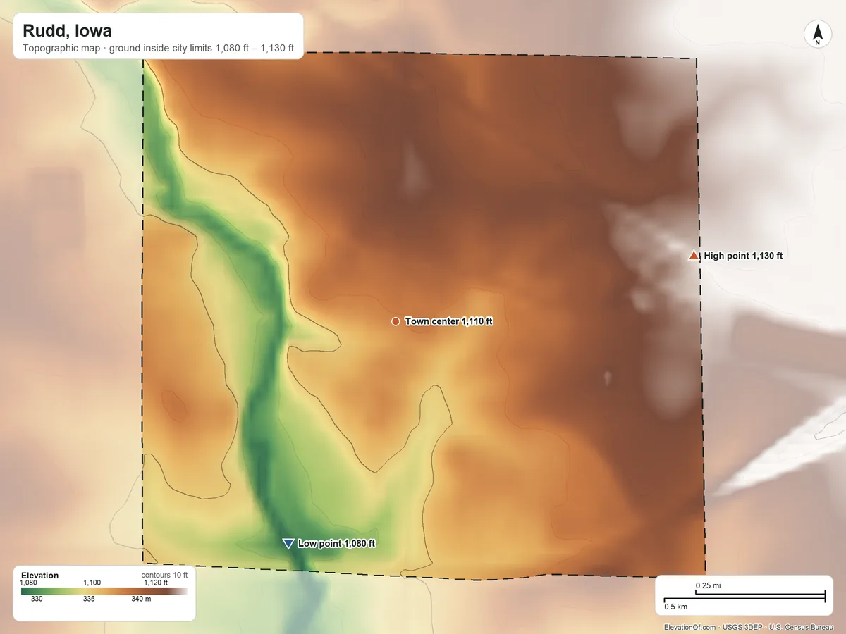 Topographic elevation map of Rudd, Iowa, shaded from 1,080 ft on the southwest side to 1,130 ft on the east side