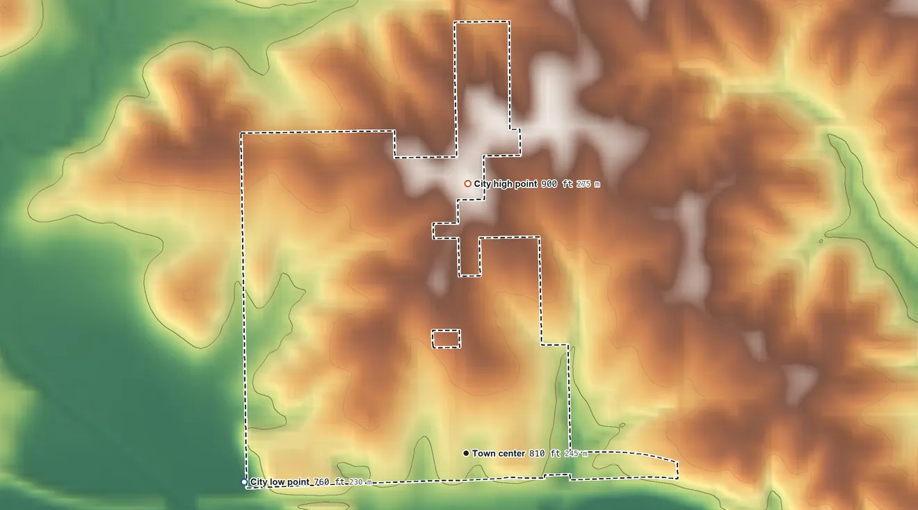 Topographic elevation map of Runnells, Iowa, shaded from 760 ft on the west side to 900 ft on the north side