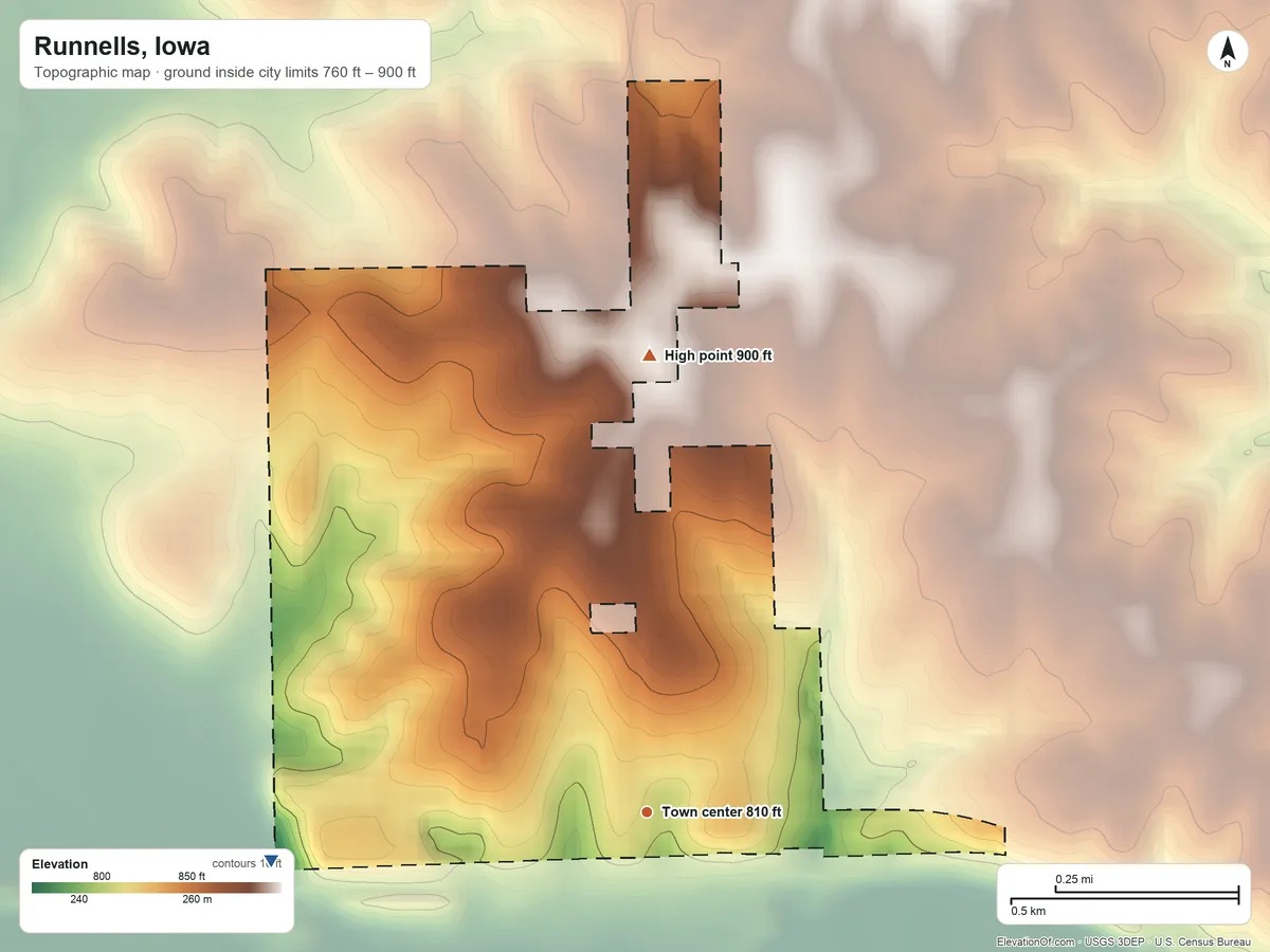 Topographic elevation map of Runnells, Iowa, shaded from 760 ft on the west side to 900 ft on the north side