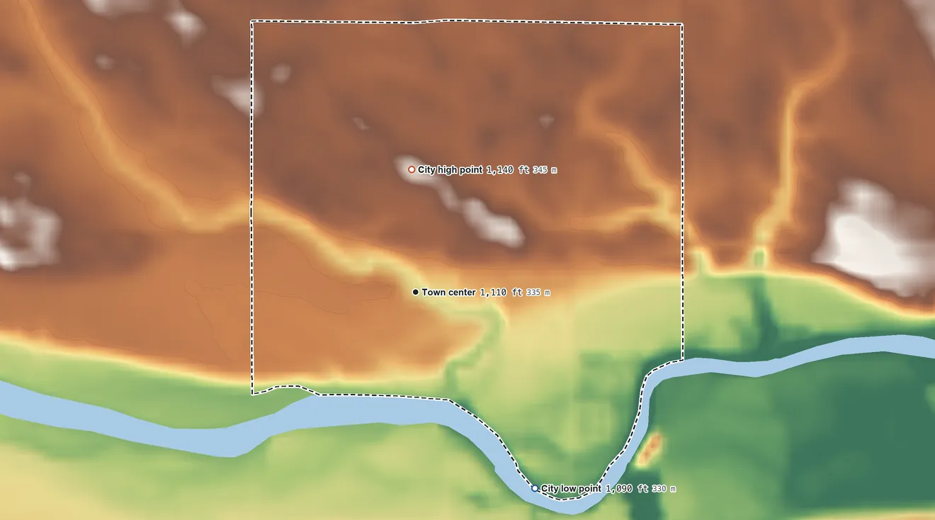Topographic elevation map of Rutland, Iowa, shaded from 1,090 ft on the southeast side to 1,140 ft on the north side
