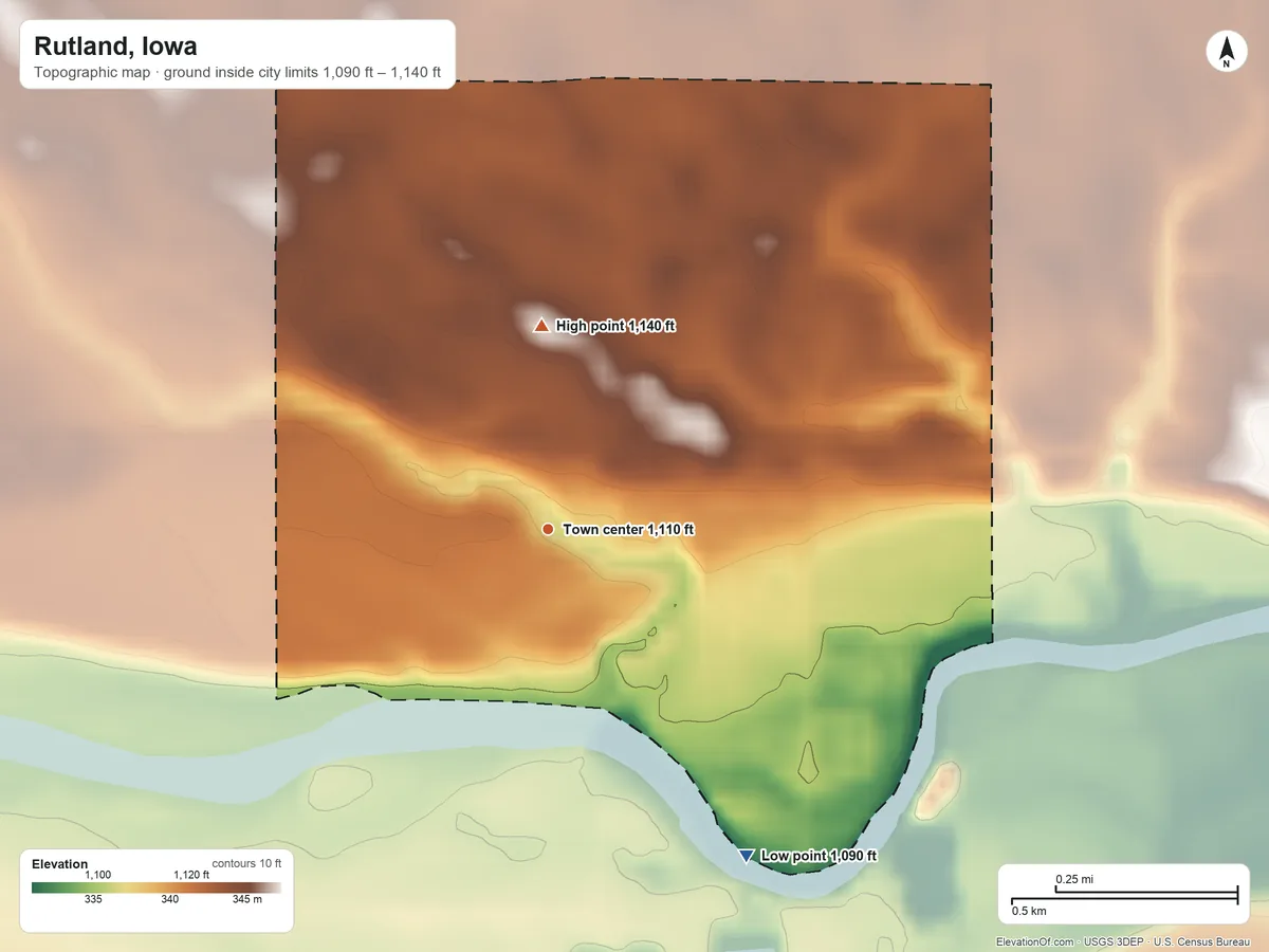 Topographic elevation map of Rutland, Iowa, shaded from 1,090 ft on the southeast side to 1,140 ft on the north side
