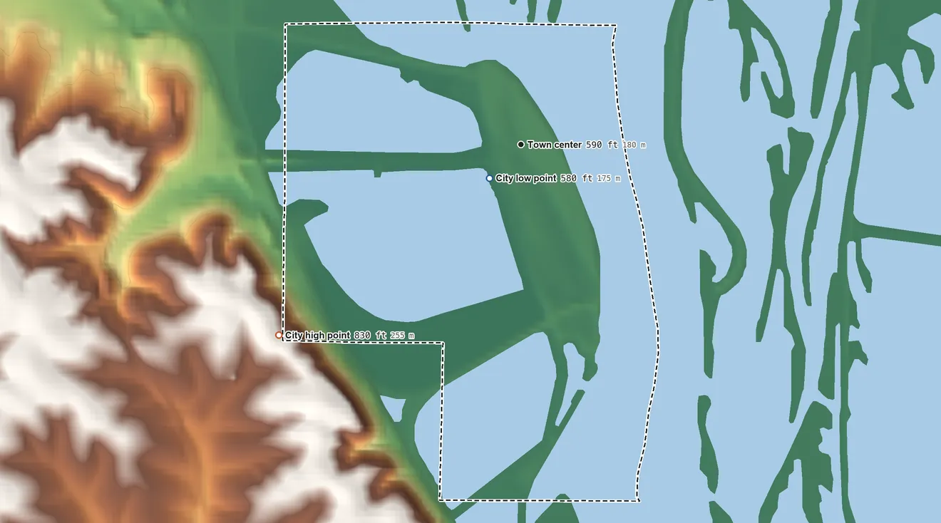 Topographic elevation map of Sabula, Iowa, shaded from 580 ft near the middle to 830 ft on the southwest side
