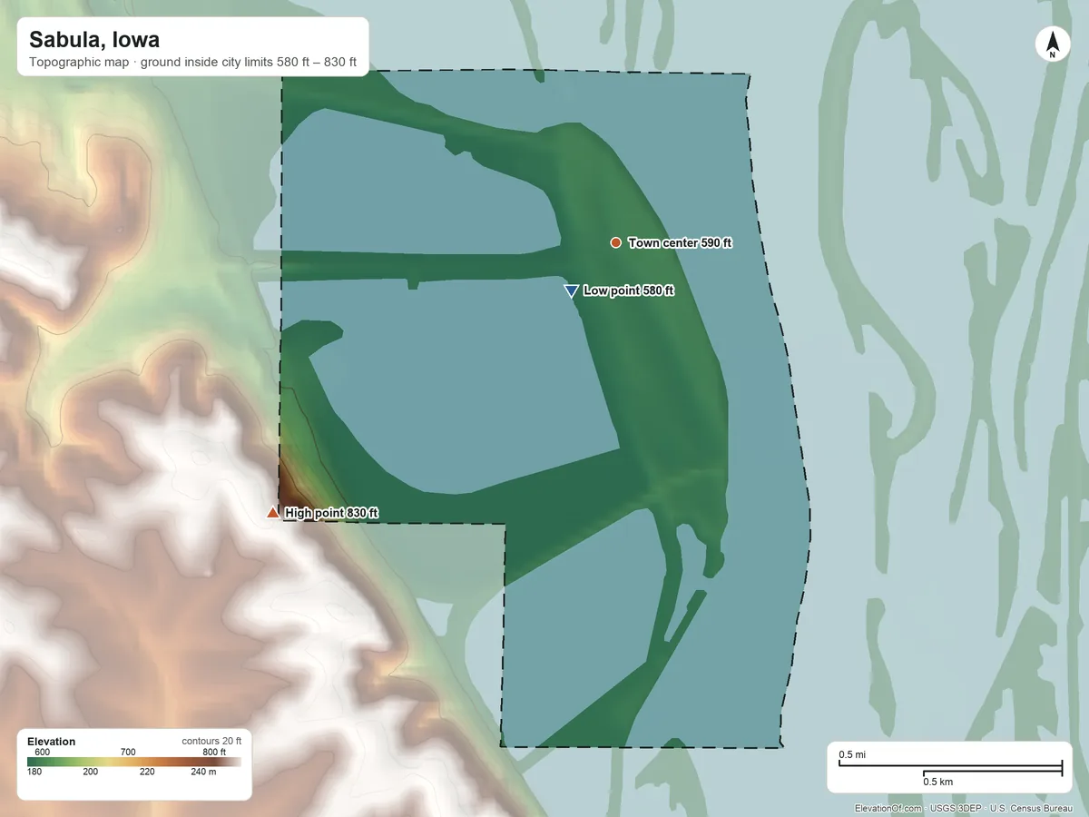 Topographic elevation map of Sabula, Iowa, shaded from 580 ft near the middle to 830 ft on the southwest side