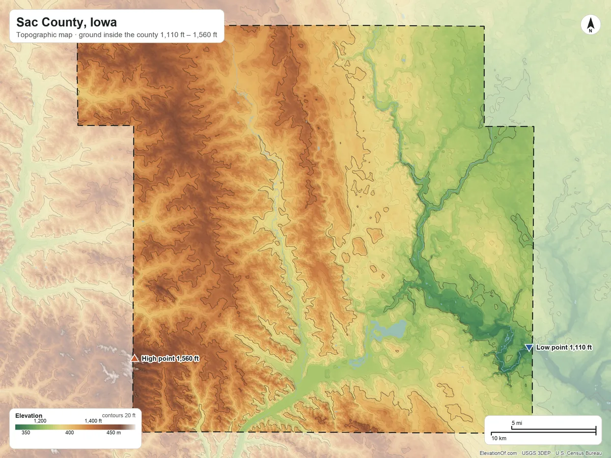 Topographic elevation map of Sac County, Iowa, shaded from 1,110 ft on the southeast side to 1,560 ft on the southwest side
